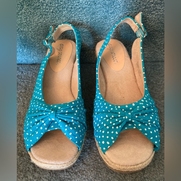 Easy Street RETRO Platform Espadrilles sz 7 TURQUOISE POLKA DOT like New FAB!!! - Picture 2 of 7